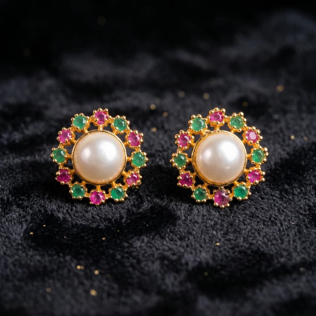 QDORA Gold Ruby Emerald Pearl Halo Studs image 2