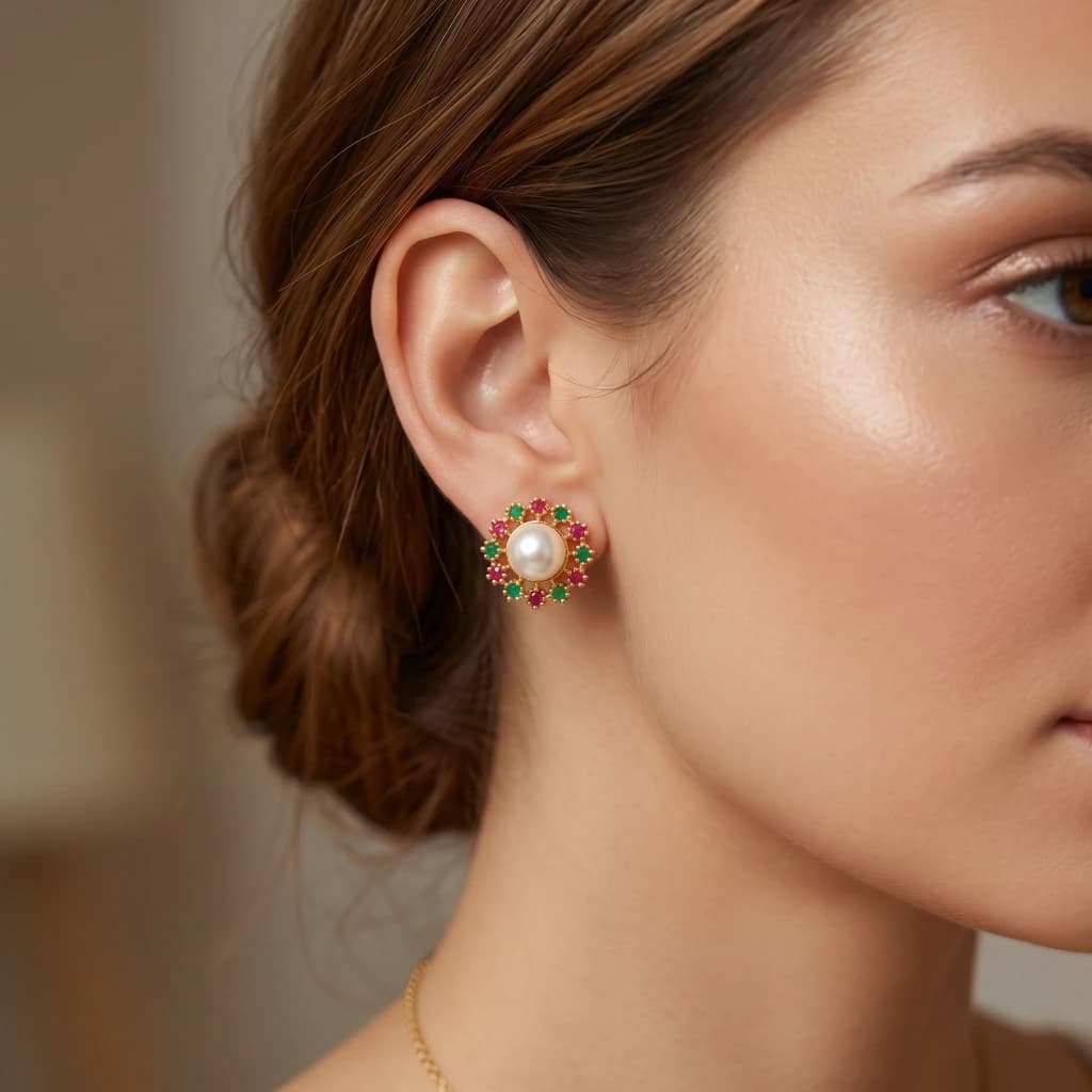 QDORA Gold Ruby Emerald Pearl Halo Studs image 1