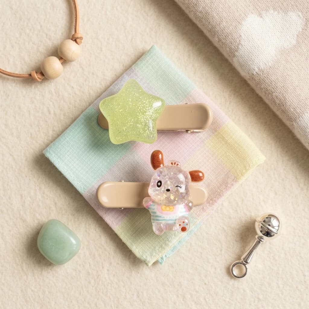 QDORA Kids Green Star & Puppy Snap Hair Clip Set image 1