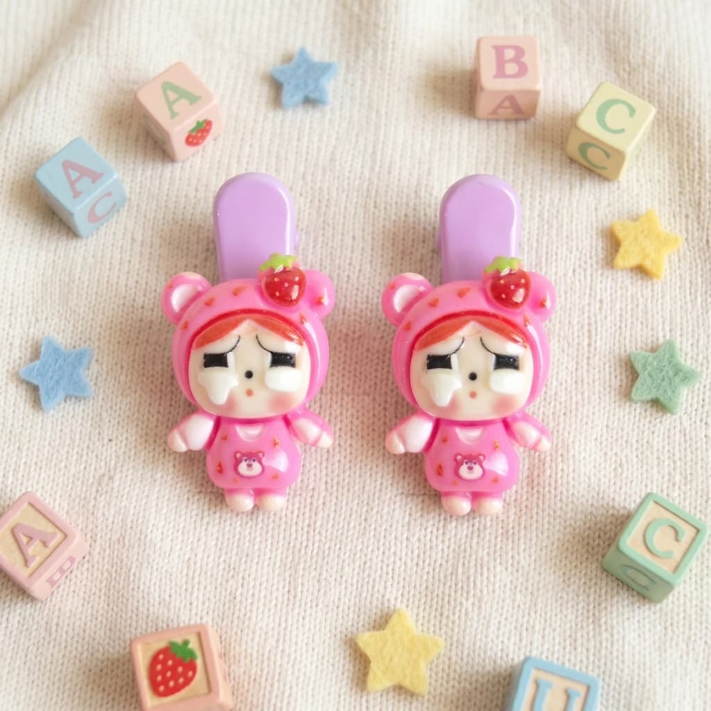 QDORA Pink Strawberry Bunny Alligator Hair Clip Set image 1