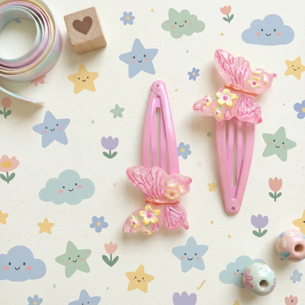 QDORA Pink Butterfly Floral Snap Hair Clip Set image 1