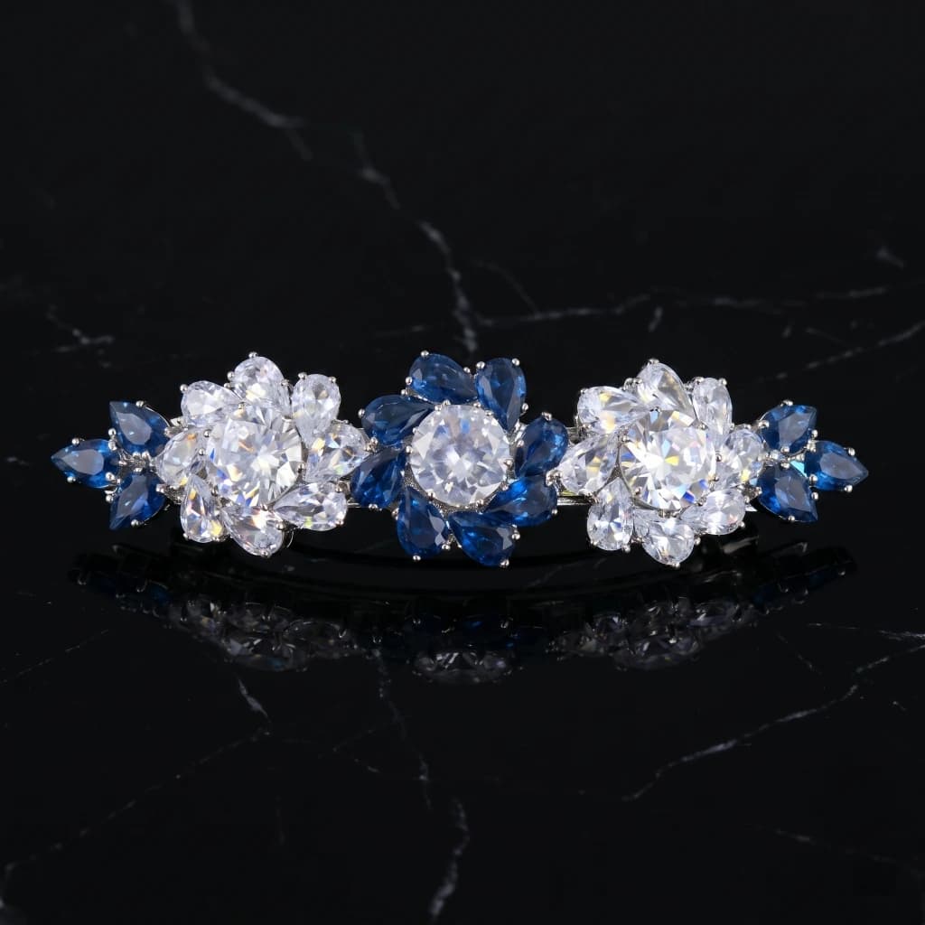 QDORA Silver Blue Crystal Floral Barrette image 1