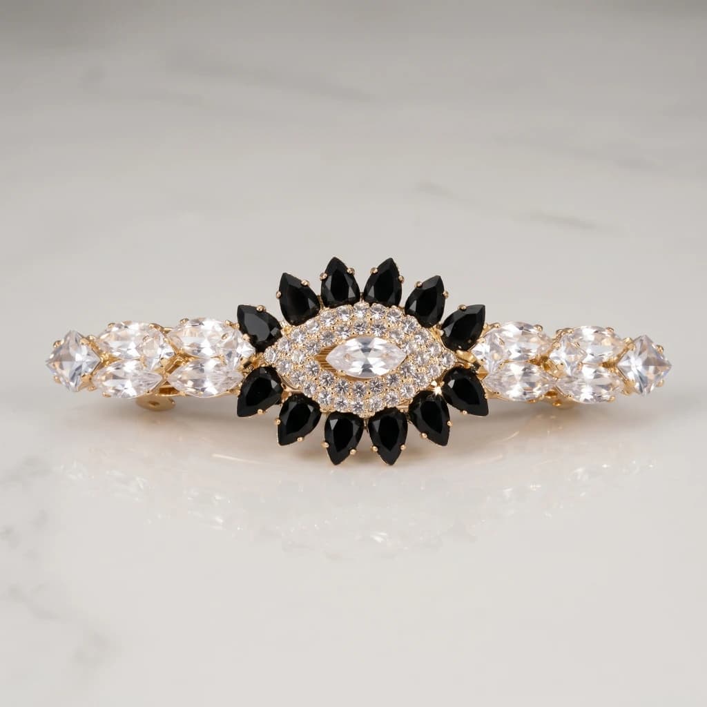 QDORA Gold Black Crystal Floral Barrette image 1
