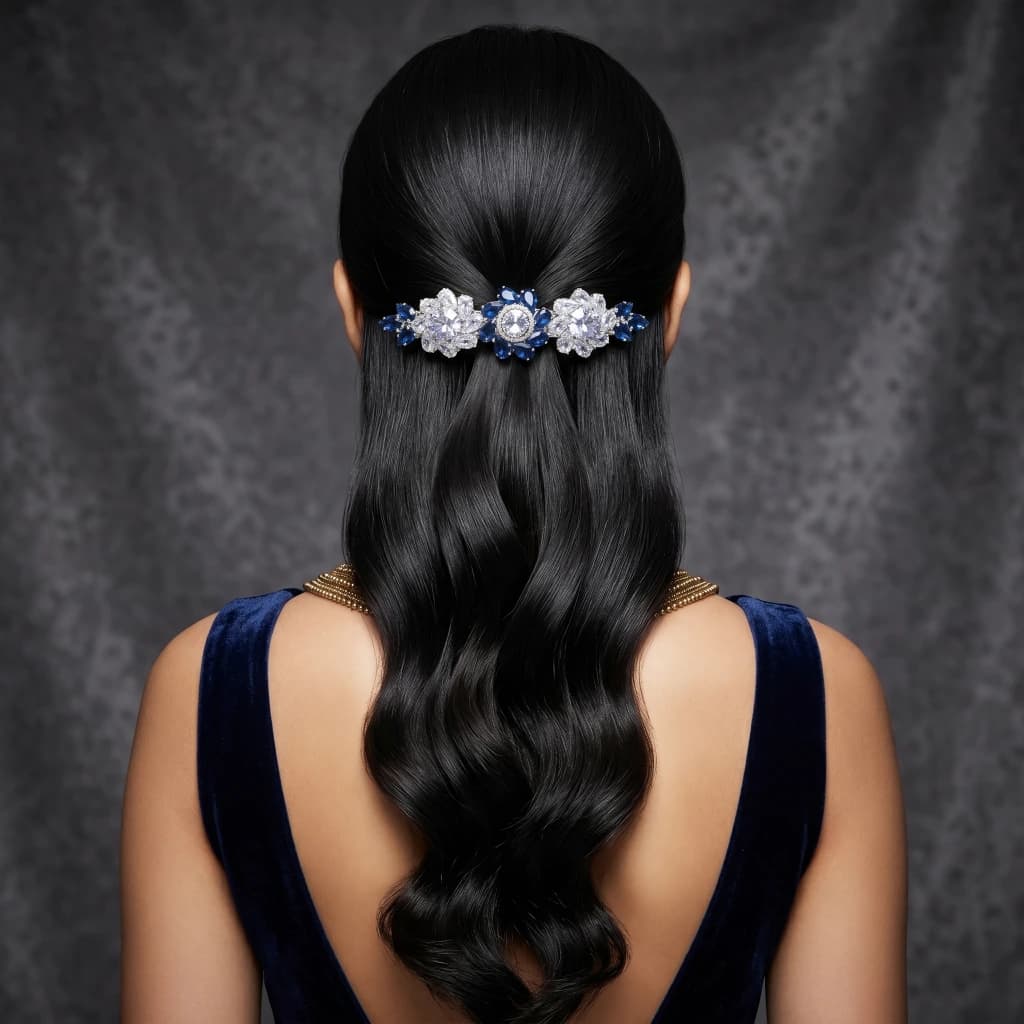 QDORA Silver Blue Crystal Floral Barrette image 2