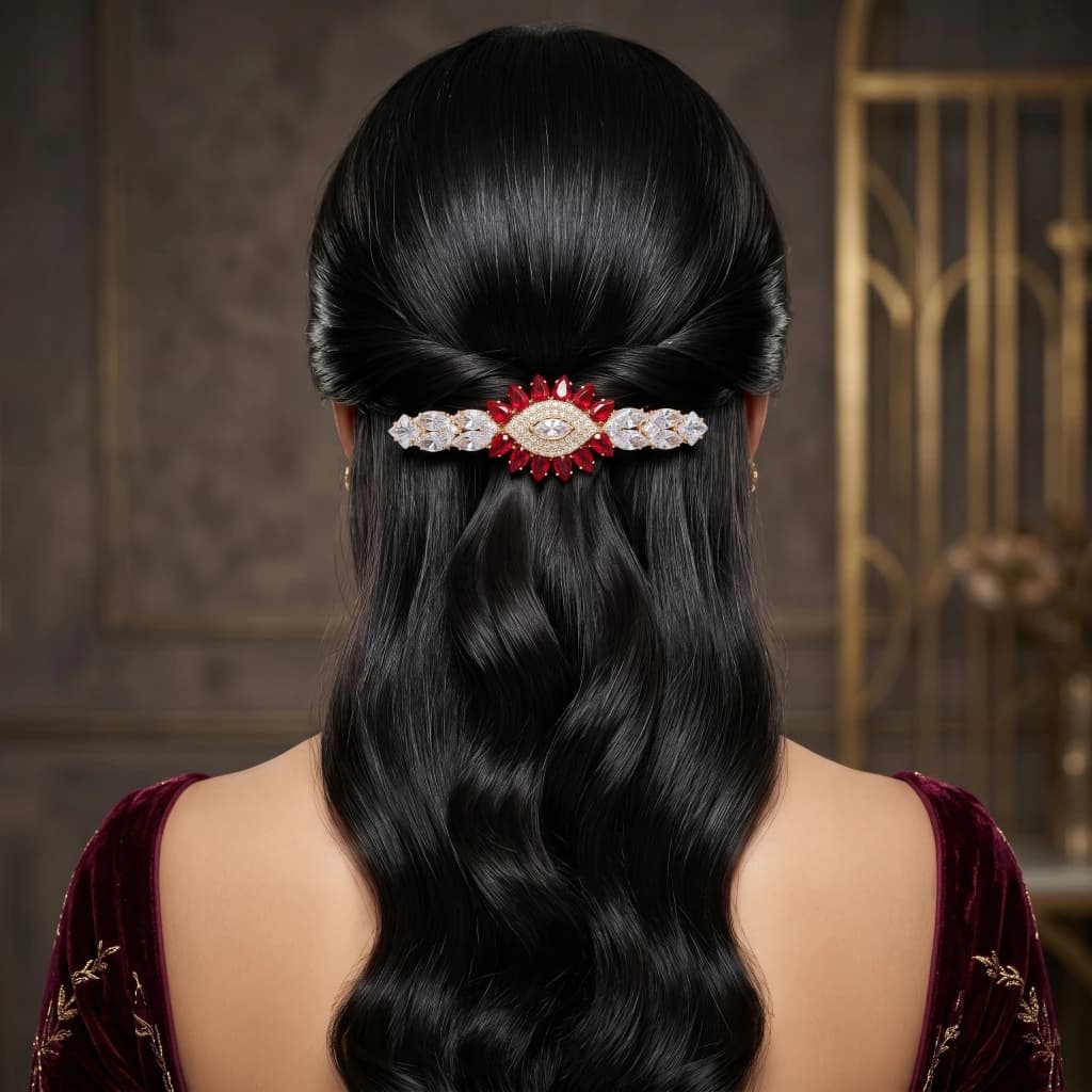 QDORA Gold Red Crystal Floral Barrette image 2