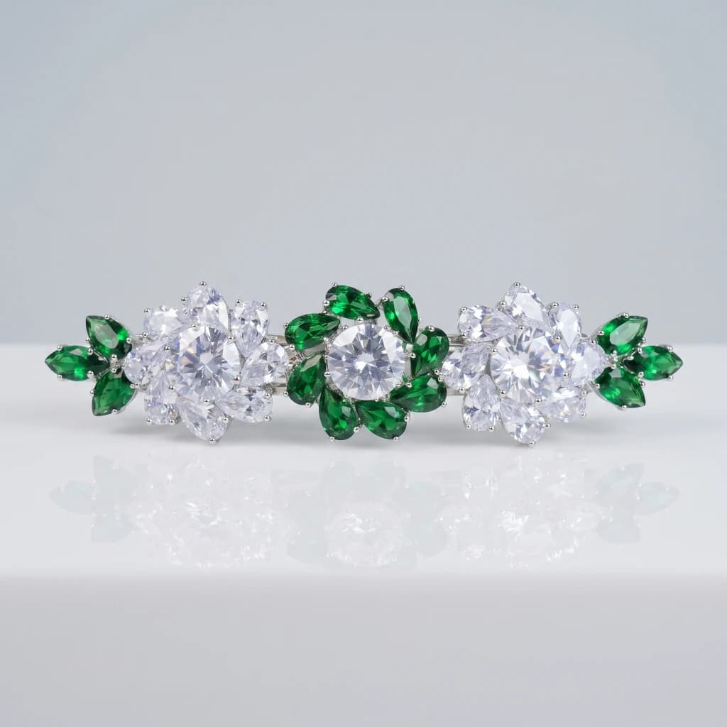 QDORA Silver Green Crystal Floral Barrette image 1