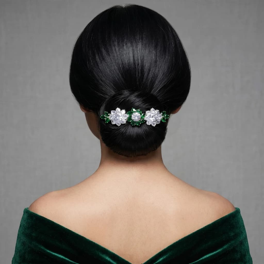 QDORA Silver Green Crystal Floral Barrette image 2